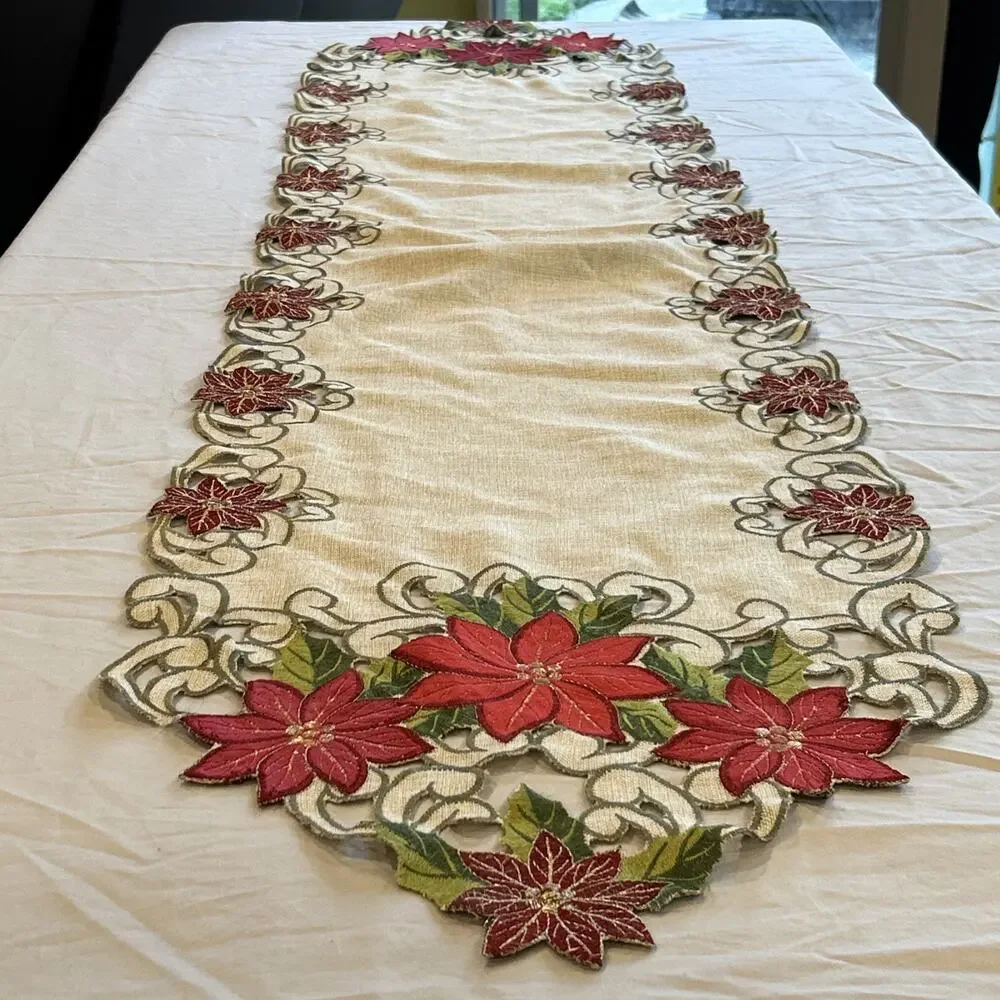 Christmas Table Runner 69 x 15 Inch Embroidered Poinsettia Cutwork Holiday Linen